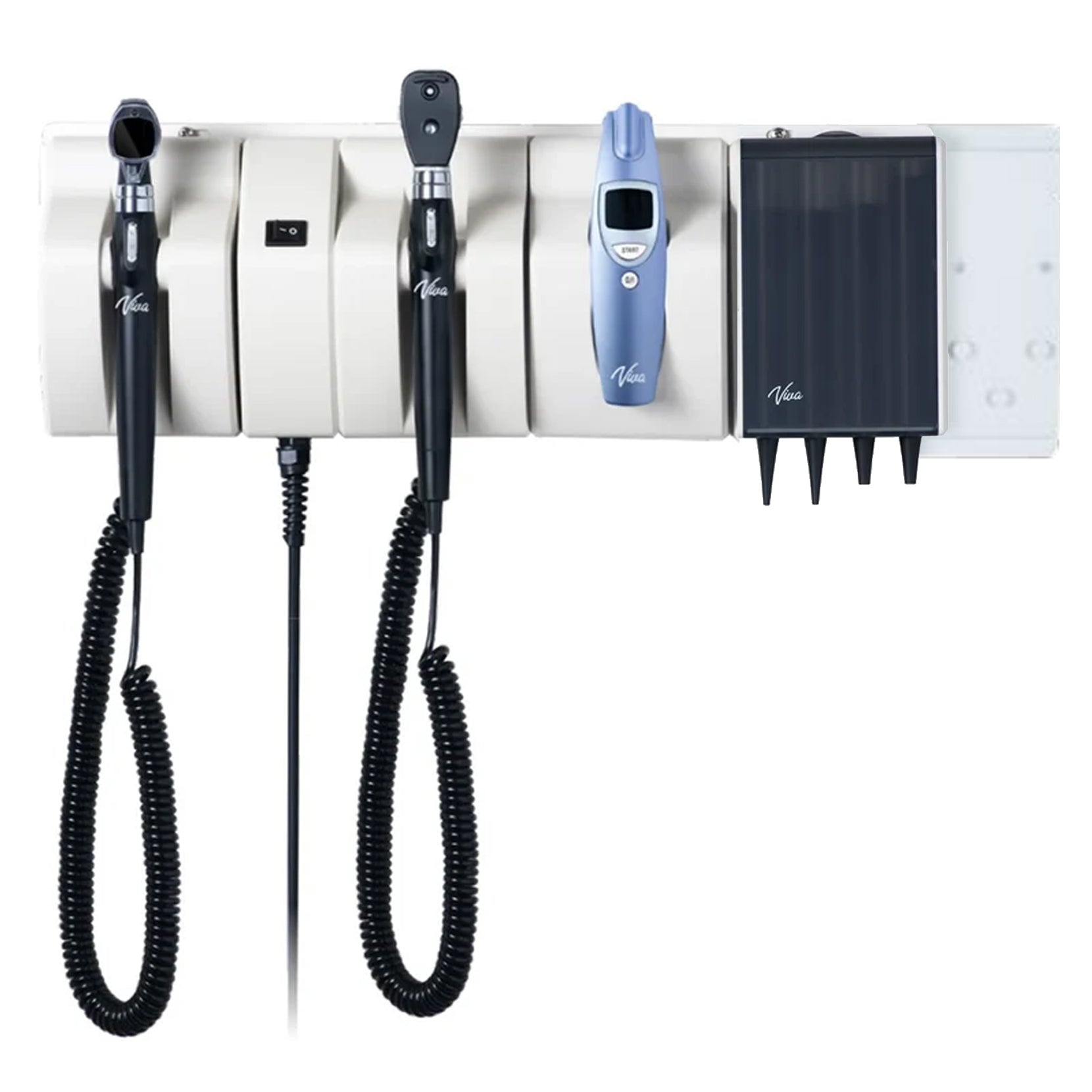 Viva Comfort Diagnostic Wall Station, LED Ophthalmoscope, LED Otoscope, Ear Specula Dispenser, Infrared Thermometer, and Wallboard
