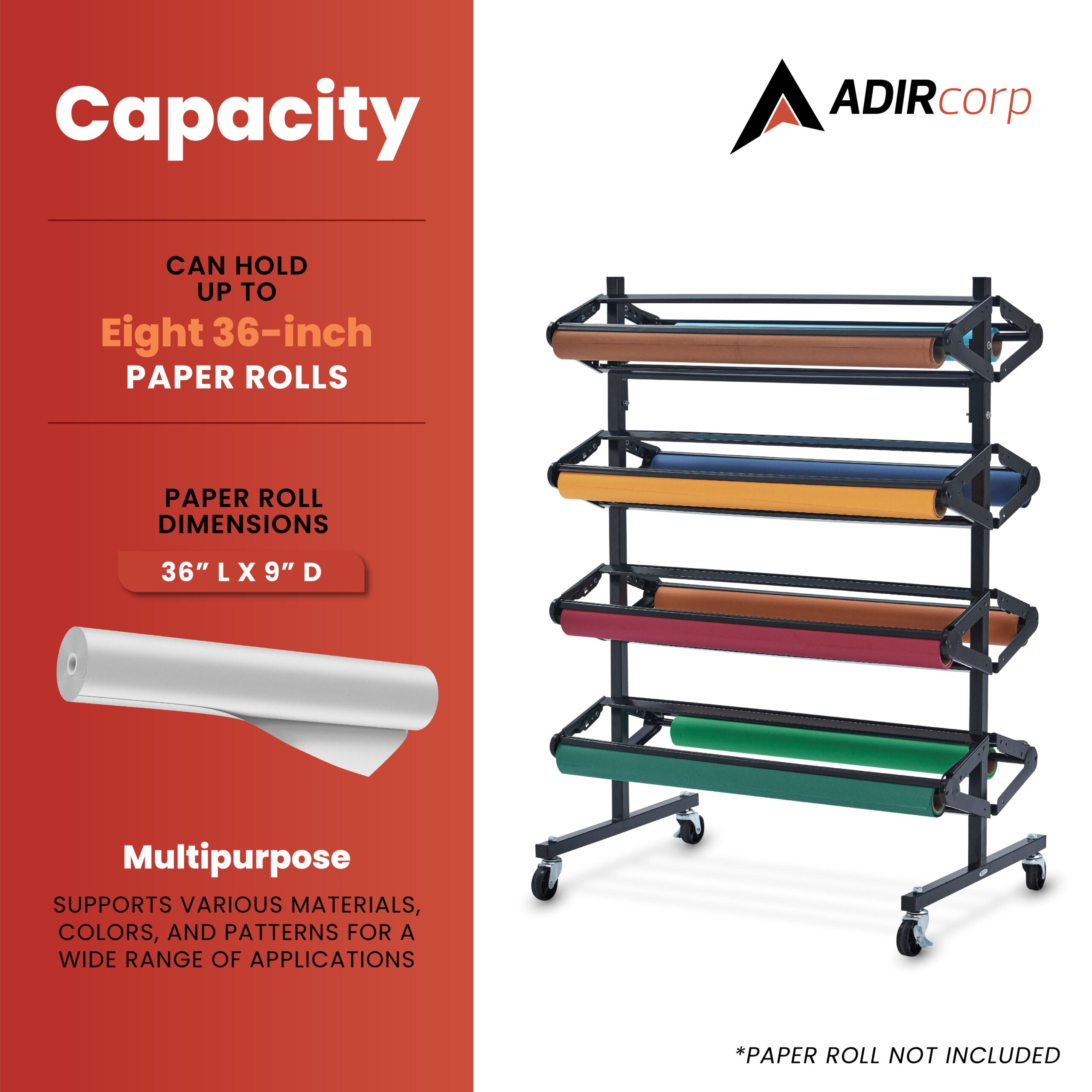 AdirKids 8 Roll Capacity Craft Paper Classroom Horizontal Paper Roll Dispenser