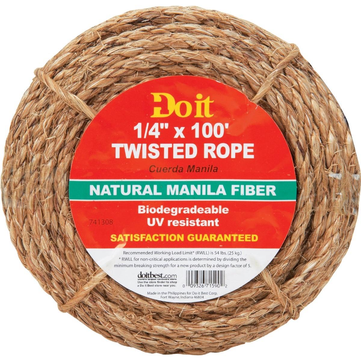 Rope, 1/4 In. x 100 Ft. Natural Twisted Manila Fiber Packaged Rope