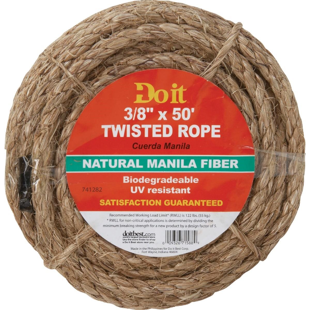 Rope, 3/8 In. x 50 Ft. Natural Twisted Manila Fiber Packaged Rope