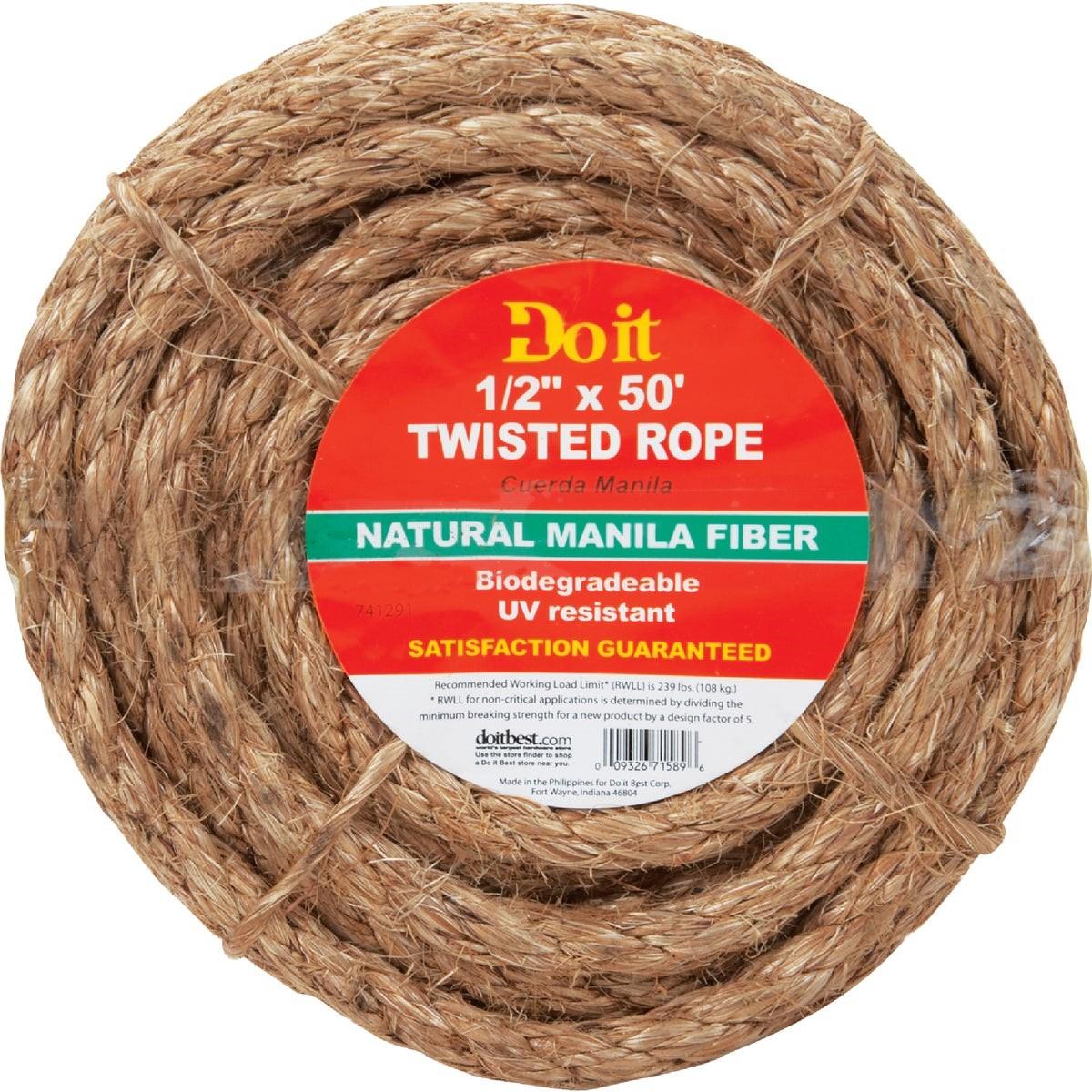 Rope, 1/2 In. x 50 Ft. Natural Twisted Manila Fiber Packaged Rope
