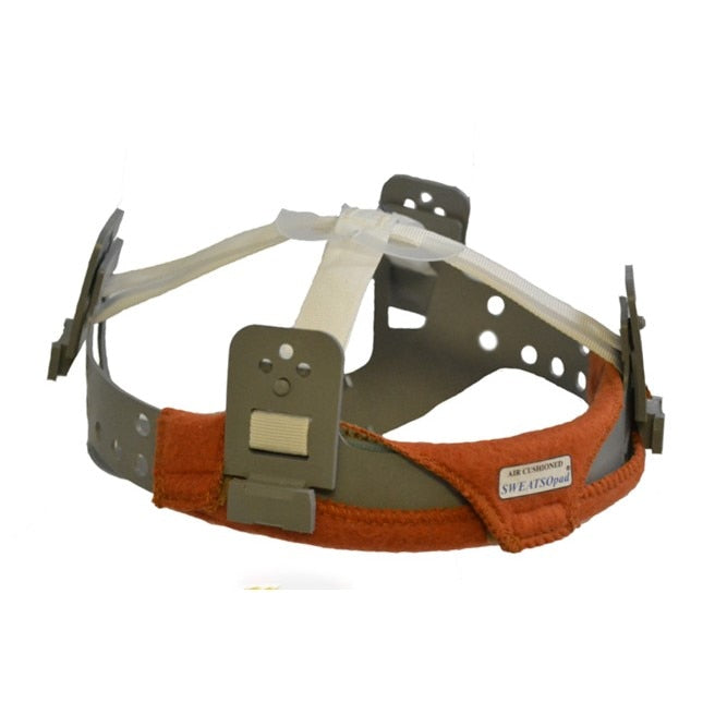 Sweatband for safety helmet suspending headgear.  Sweatsopad brand 100% fleecy flame retardant cotton, air-cushioned foam inner layer, hook & loop fastening system.  Color: Russet Leather. Size: One Size Fits All