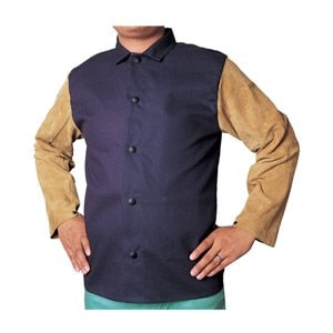 Alliance COOL FR Jacket, Style: 9 oz Cotton FR w/30" Leather sleeves, Size: XL, Color: Navy blue, Features: Hemmed collars, spatter guards, under arm sport cut, dielectric snaps & Kevlar sewn sleeves