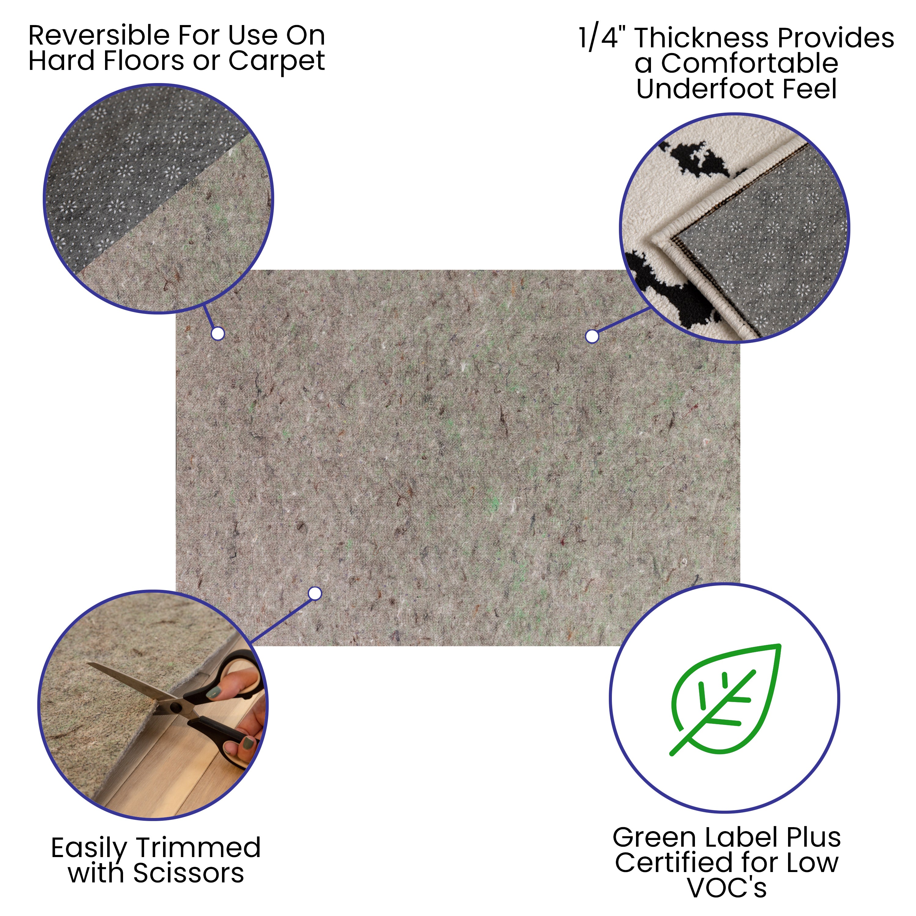 Minnie Slide-Stop® Multi-Surface Reversible Non-Slip Cushion Rug Pad, 1/4" Thick, Floor Protection, for 4'x6' Area Rug, Gray