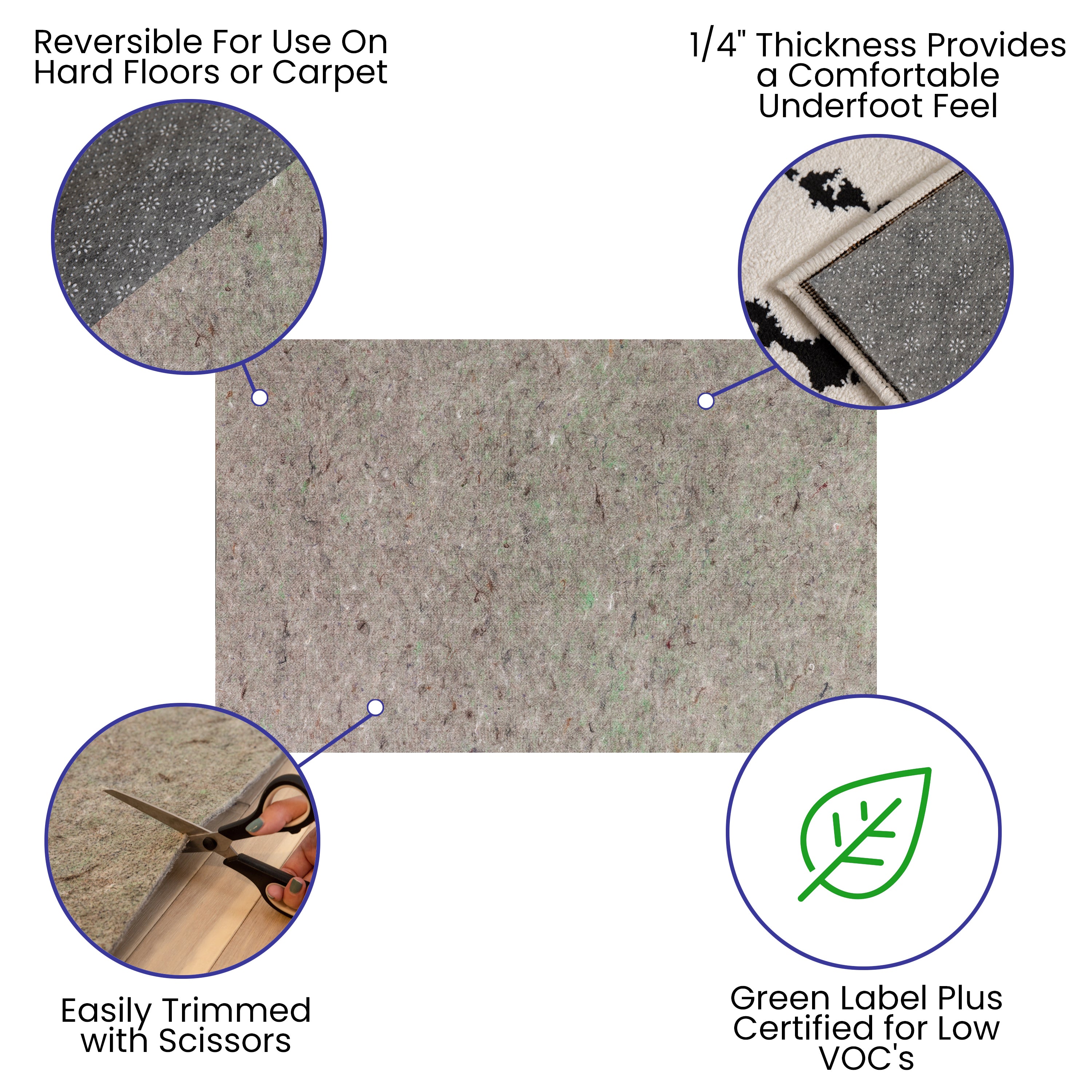 Minnie Slide-Stop® Multi-Surface Reversible Non-Slip Cushion Rug Pad, 1/4" Thick, Floor Protection, for 5'x8' Area Rug, Gray