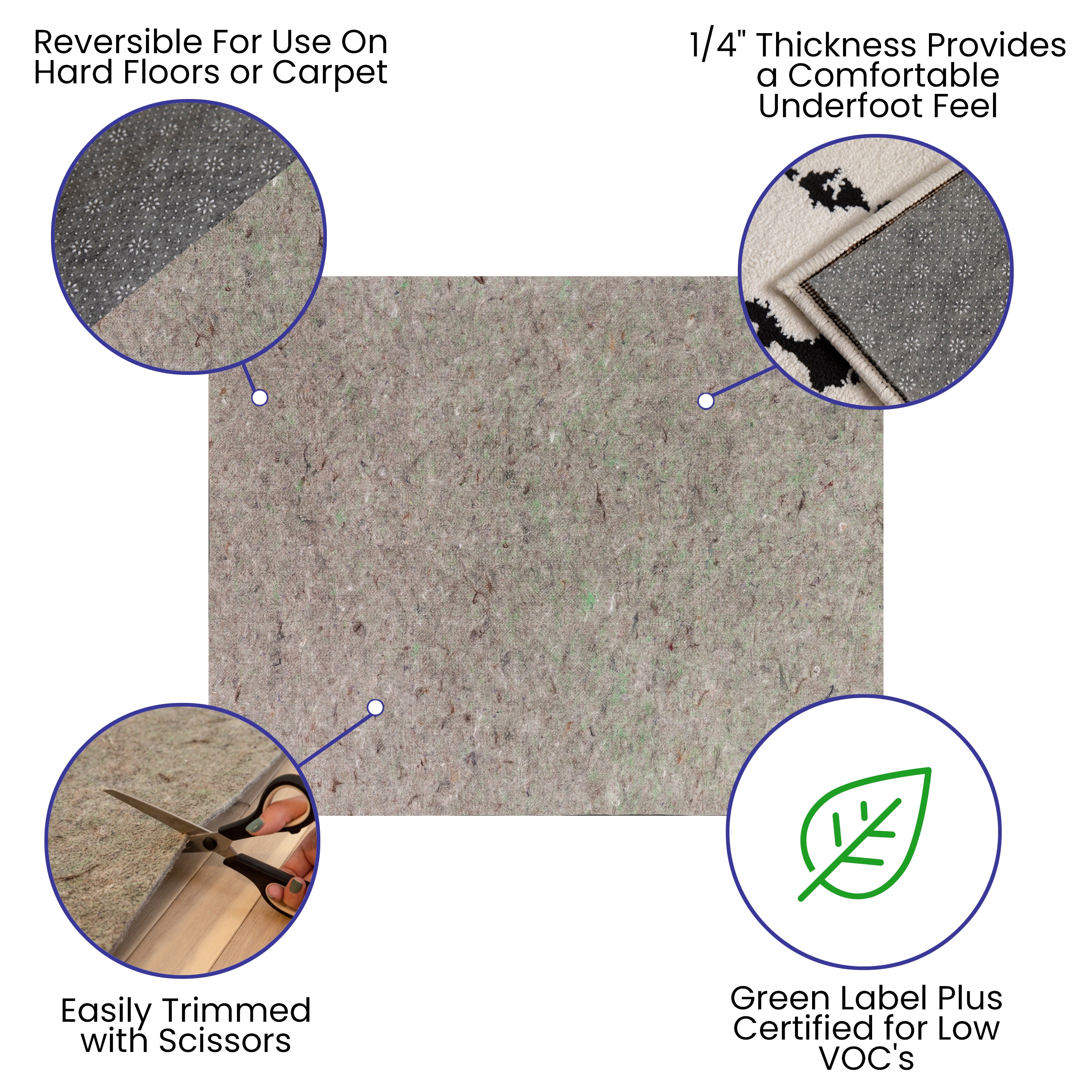 Minnie Slide-Stop® Multi-Surface Reversible Non-Slip Cushion Rug Pad, 1/4" Thick, Floor Protection, for 8'x10' Area Rug, Gray