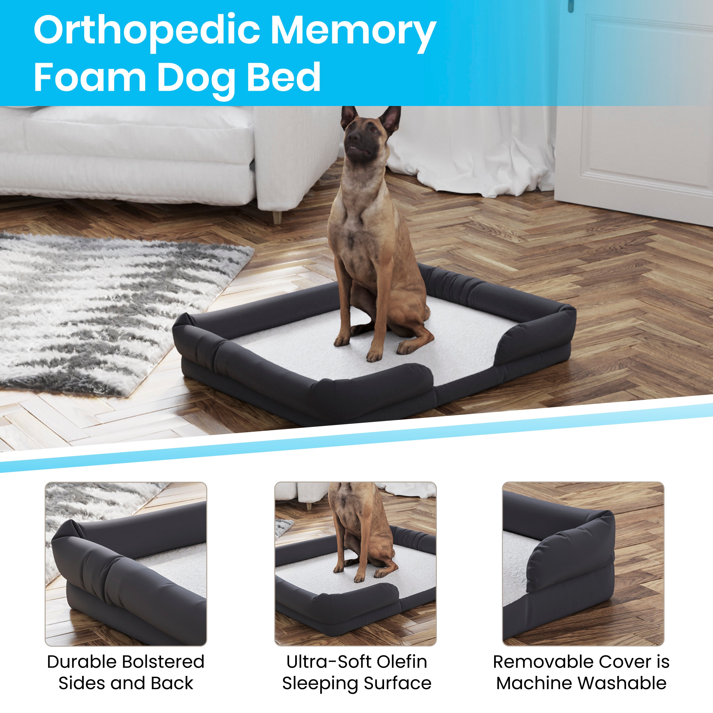 Cooper Orthopedic Comfy Memory Foam Joint Relief Bolster Dog Bed for Dogs up to 44 LBS. - Removable & Washable Cover, Non-Slip Bottom