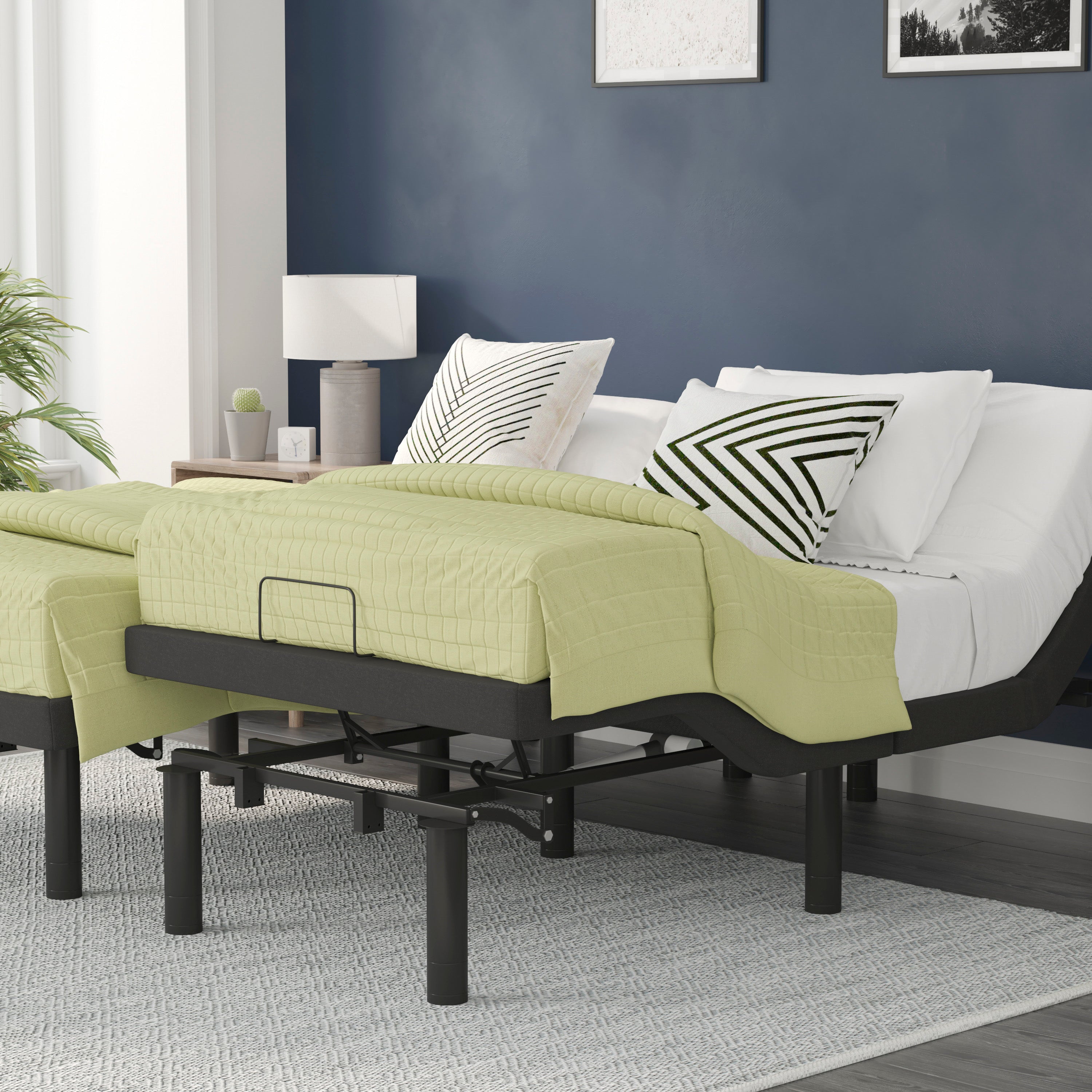 Selene Adjustable Upholstered Bed Base with Wireless Remote, Three Leg Heights, & Independent Head/Foot Incline-Split King - Black