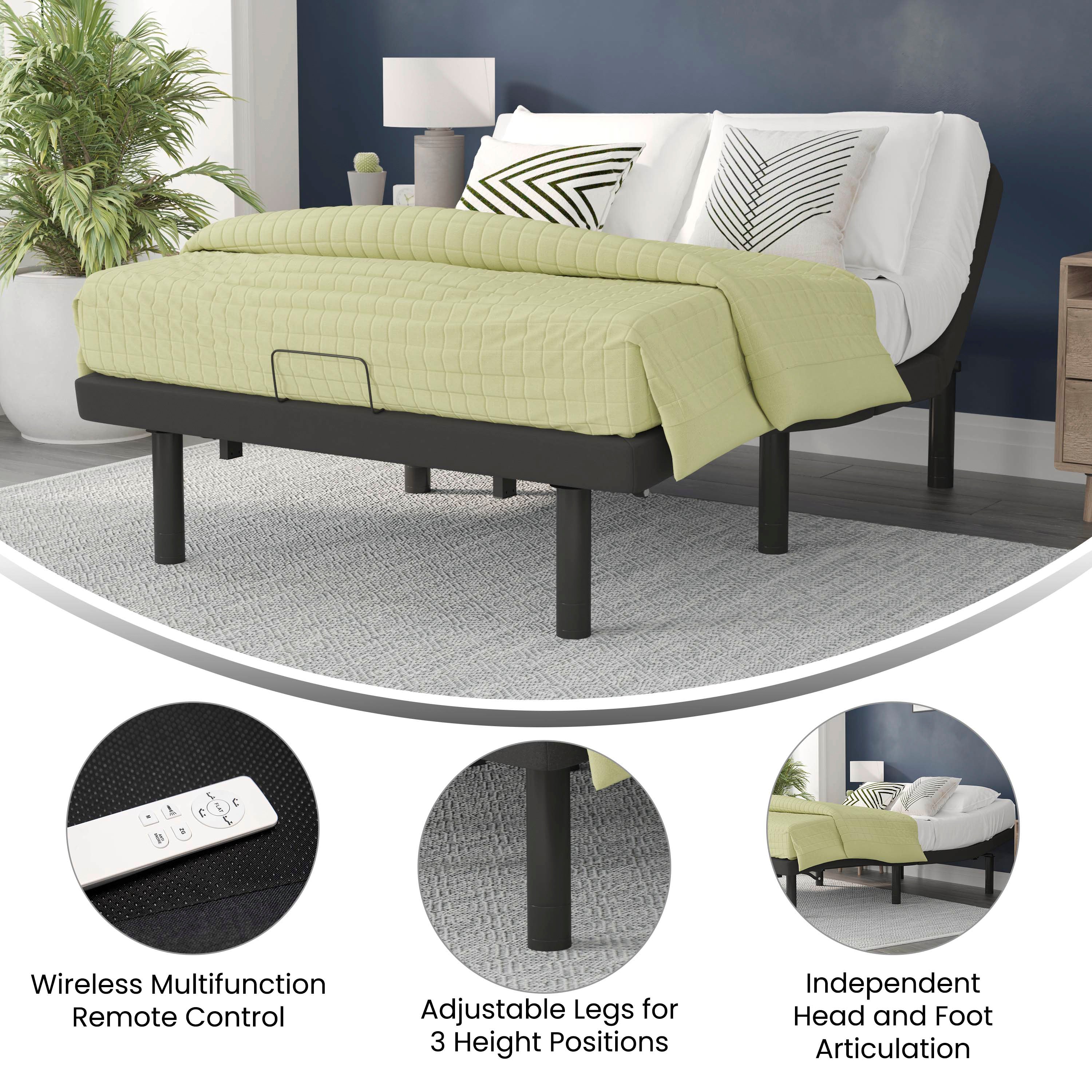 Selene Adjustable Upholstered Bed Base with Wireless Remote, Three Leg Heights, & Independent Head/Foot Incline -Twin XL - Black