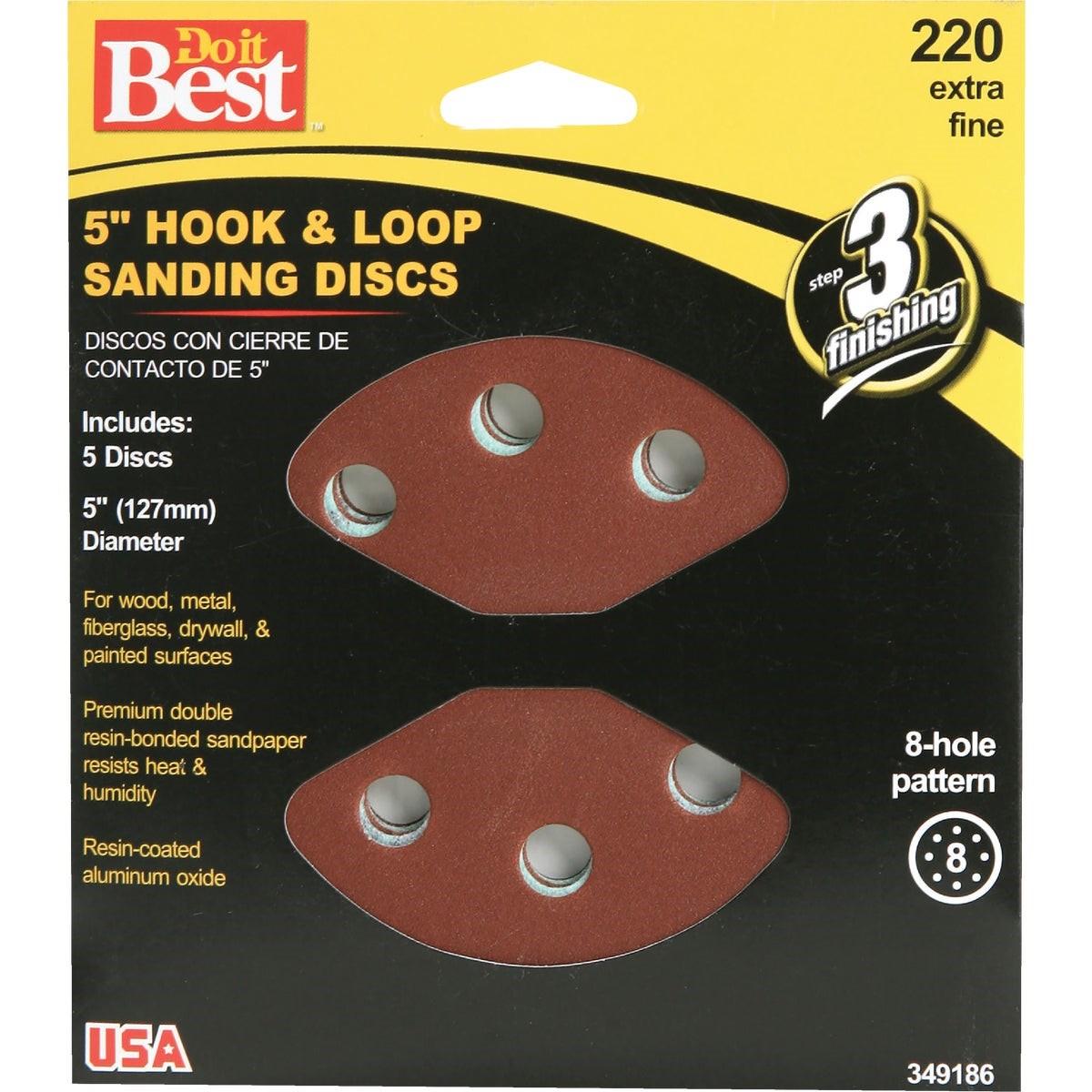 5 In. 220-Grit 8-Hole Pattern Vented Sanding Disc with Hook & Loop Backing (5-Pack)