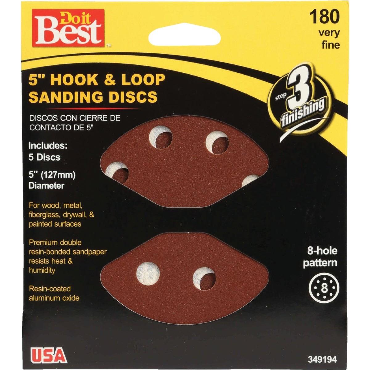 5 In. 180-Grit 8-Hole Pattern Vented Sanding Disc with Hook & Loop Backing (5-Pack)