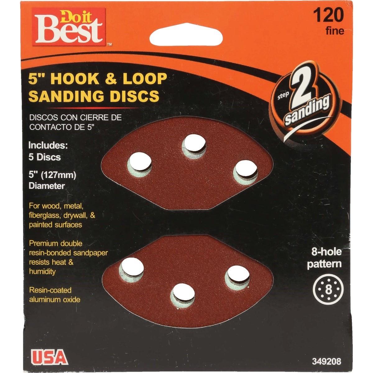 5 In. 120-Grit 8-Hole Pattern Vented Sanding Disc with Hook & Loop Backing (5-Pack)