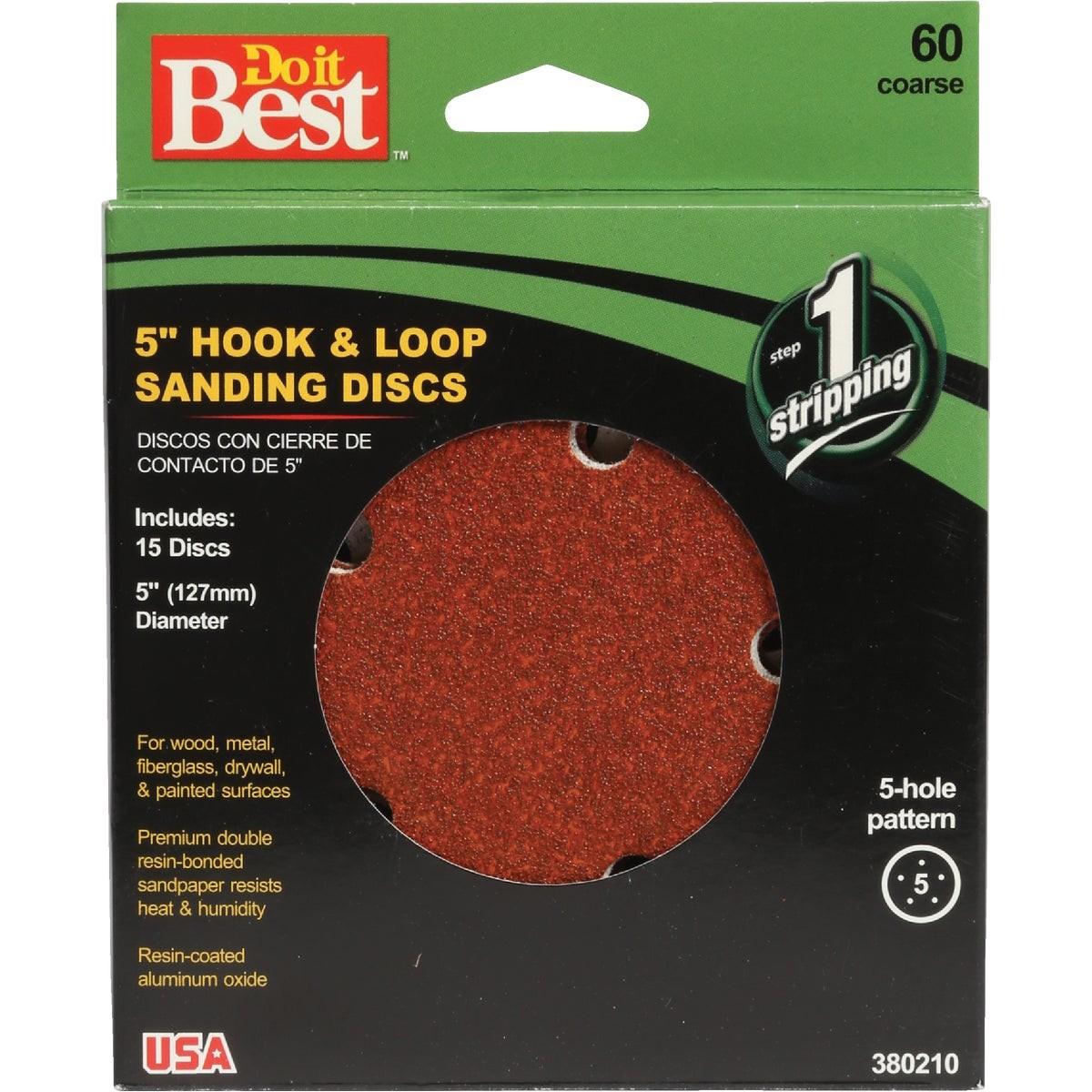 5 In. 60-Grit 5-Hole Pattern Vented Sanding Disc with Hook & Loop Backing (15-Pack)