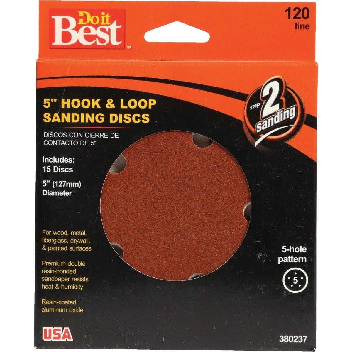 5 In. 120-Grit 5-Hole Pattern Vented Sanding Disc with Hook & Loop Backing (15-Pack)