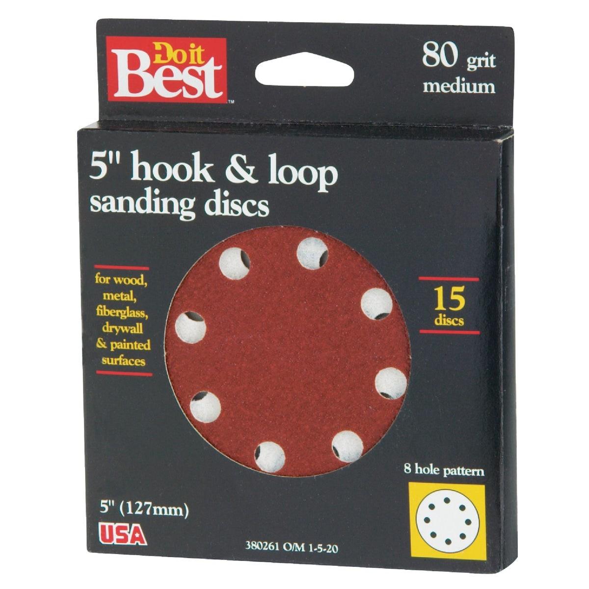 5 In. 80-Grit 8-Hole Pattern Vented Sanding Disc with Hook & Loop Backing (15-Pack)