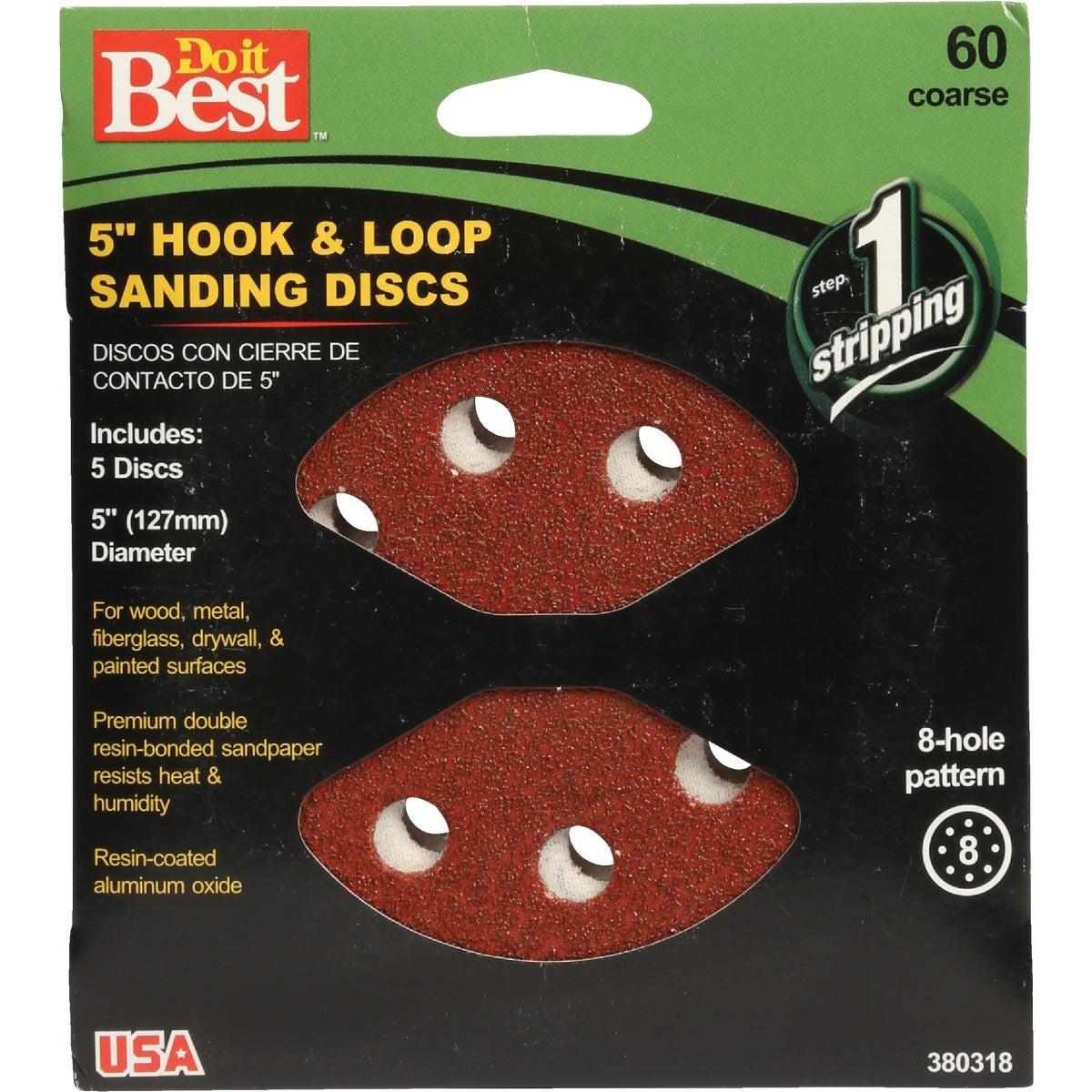 5 In. 60-Grit 8-Hole Pattern Vented Sanding Disc with Hook & Loop Backing (5-Pack)