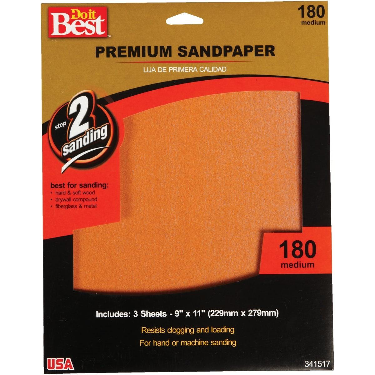 Premium Plus 9 In. x 11 In. 180 Grit Medium Sandpaper (3-Pack)