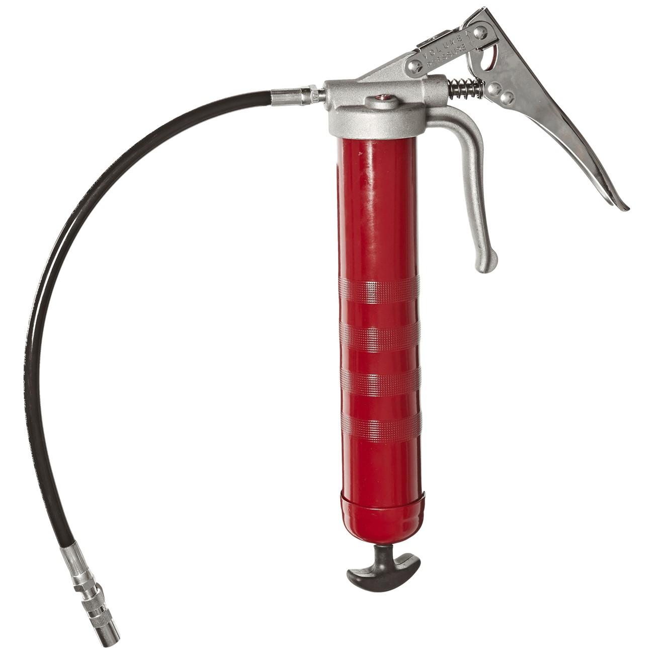 Alemite Grease Gun, Type: Pistol grip gun, Size: Small, Length: 16", Material: Aluminum, Working PSI: 5500, Handle Material: Aluminum with vinyl, Style: High vol. mode: 1 oz. per 33 strokes - Flexible hose