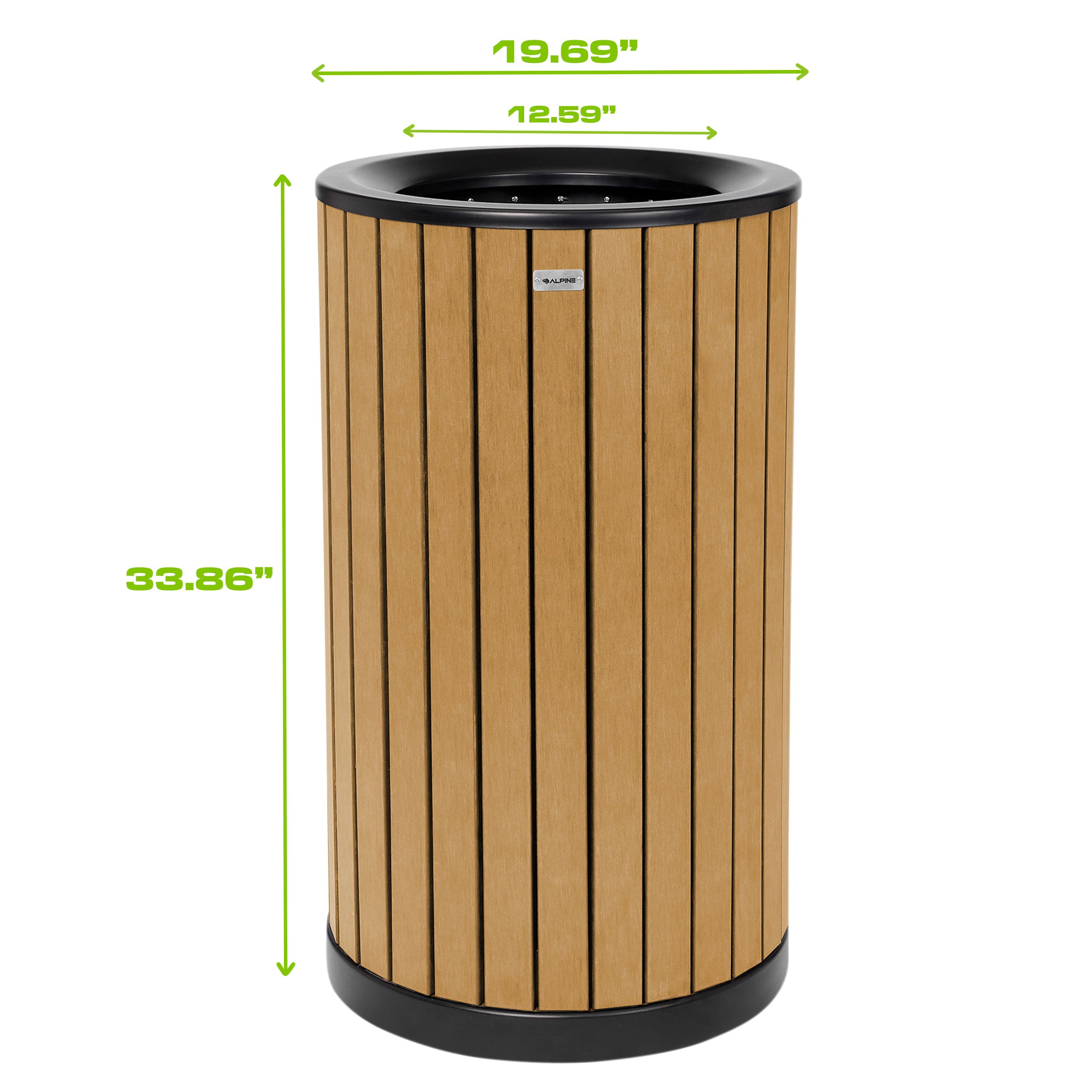 Round, 32-Gallon Outdoor Trash Container with Slatted Recycled Plastic Panels - Cedar
