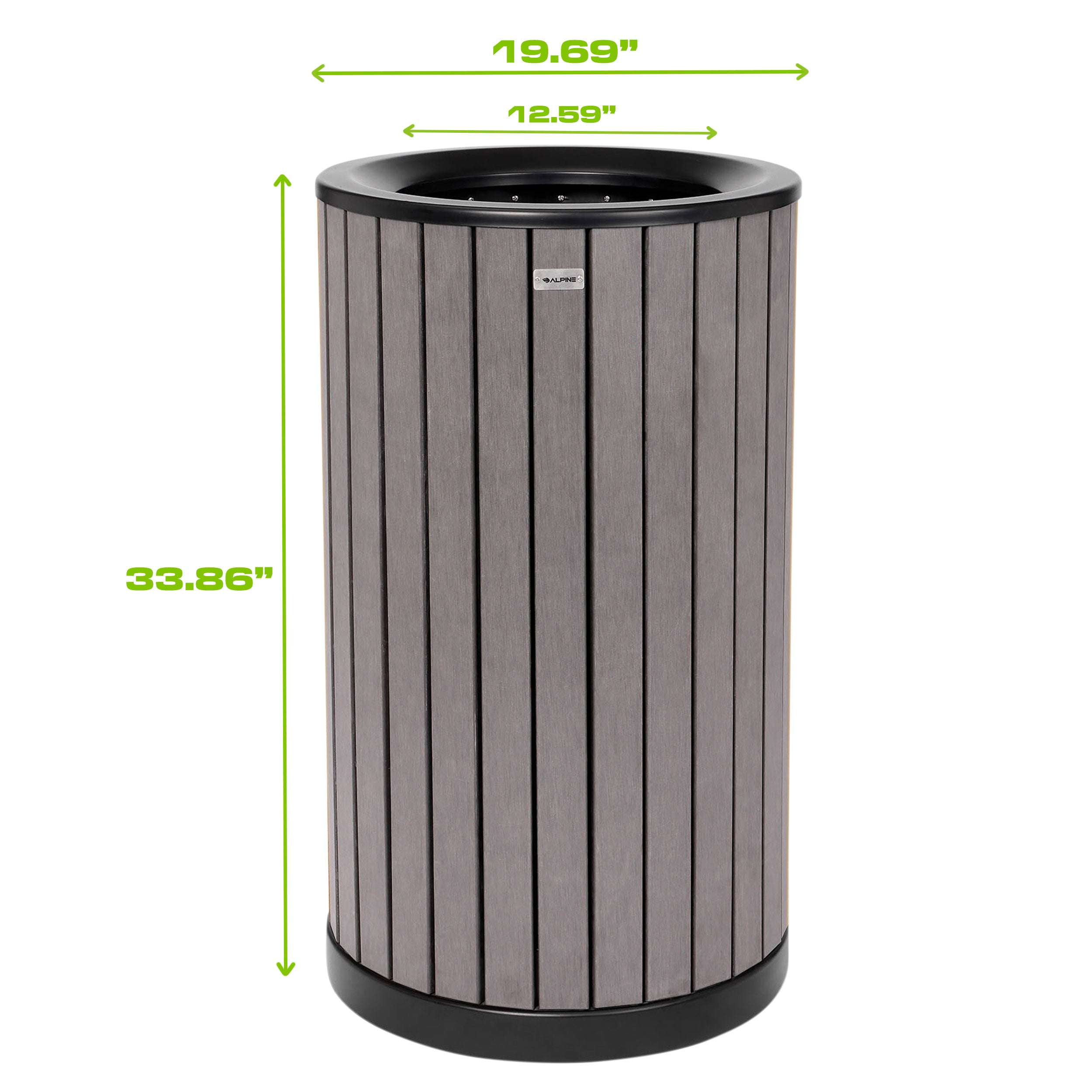Round, 32-Gallon Outdoor Trash Container with Slatted Recycled Plastic Panels - Grey