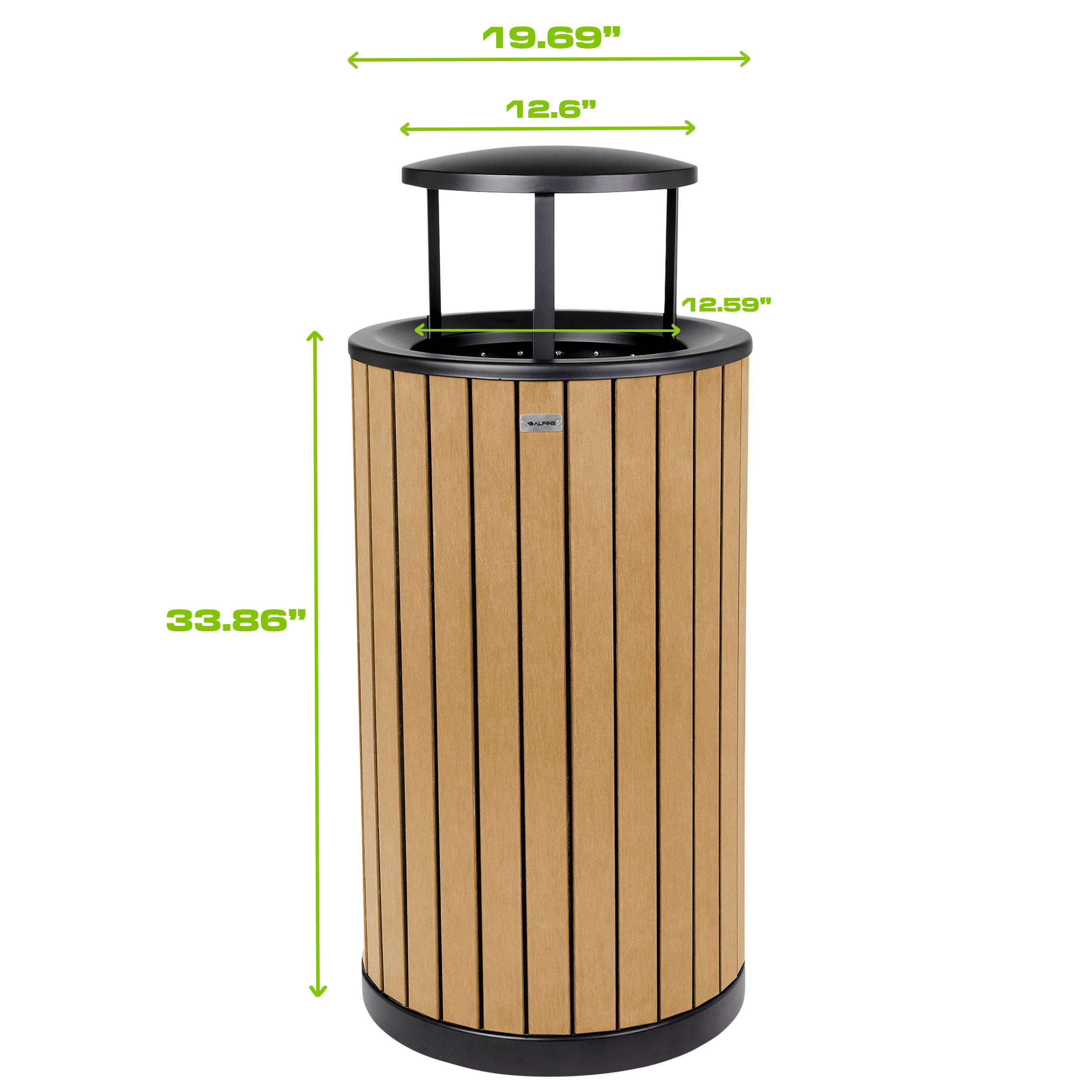 Round, 32-Gallon Outdoor Trash Container with Slatted Recycled Plastic Panels - Rain Bonnet Lid - Cedar