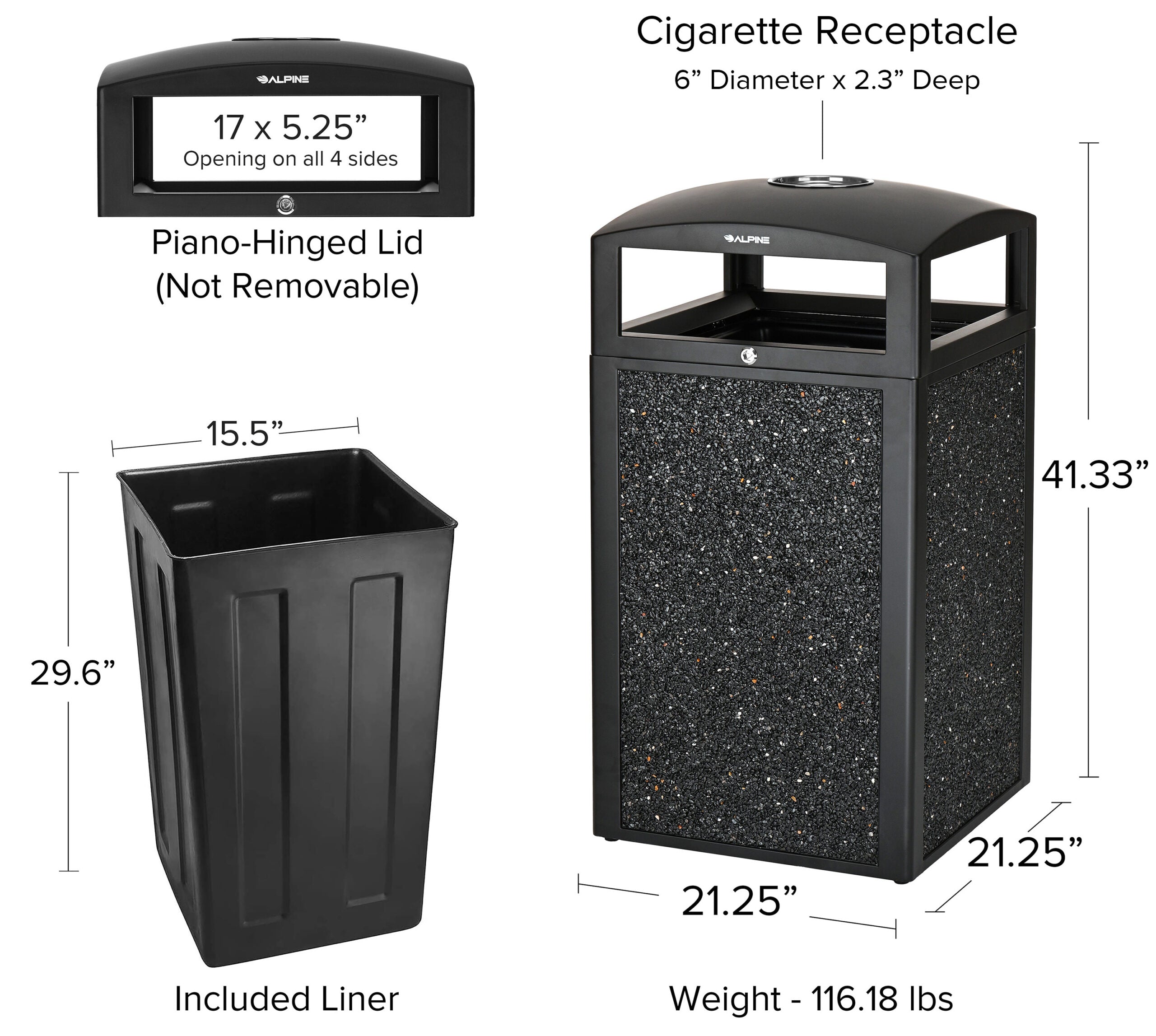 Alpine Industries Rugged 40-Gallon All-Weather Trash Containers with Gray Stone Panels and Ash Tray