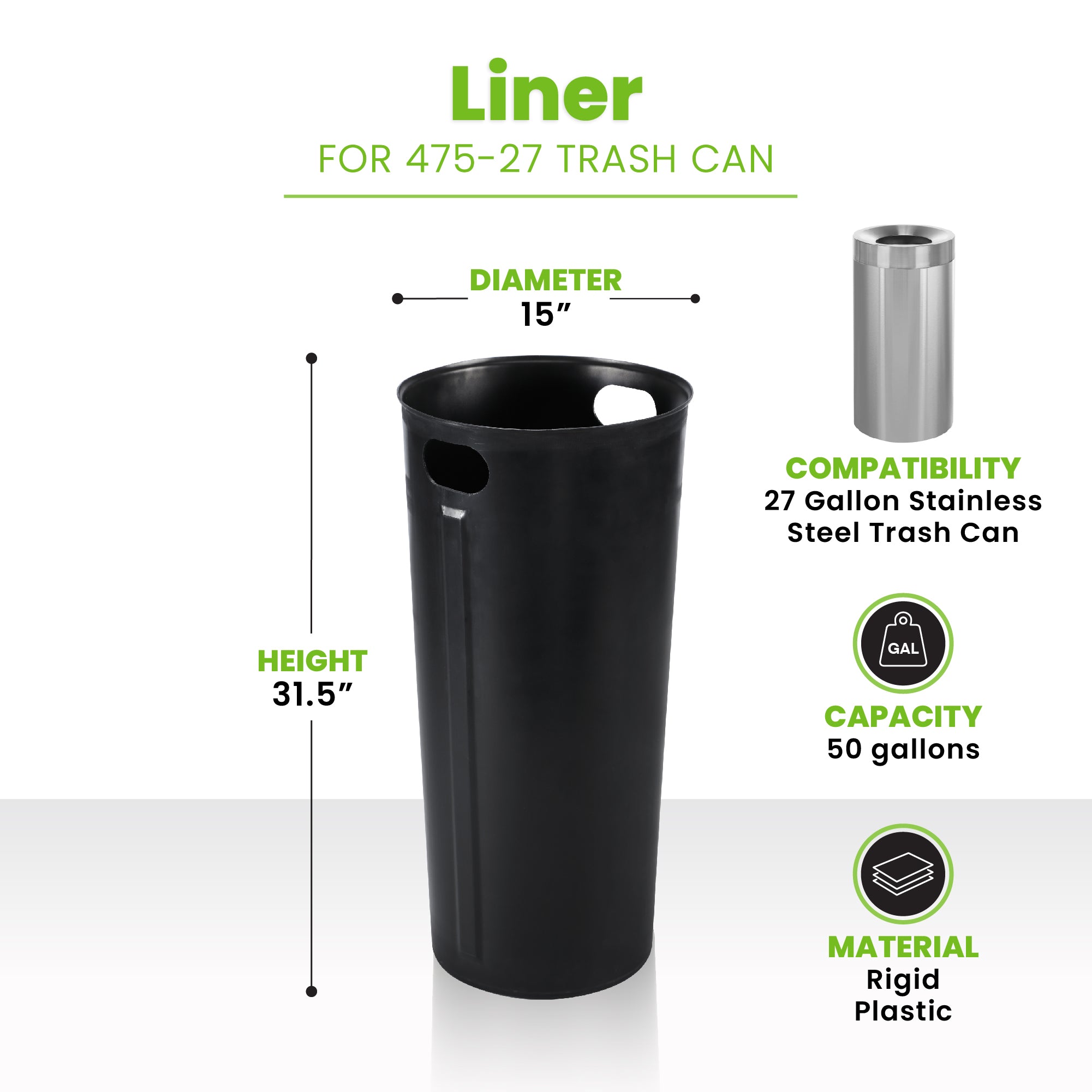 27 Gallon Rigid Plastic Waterproof Liner with Handles for Steel Trash Can
