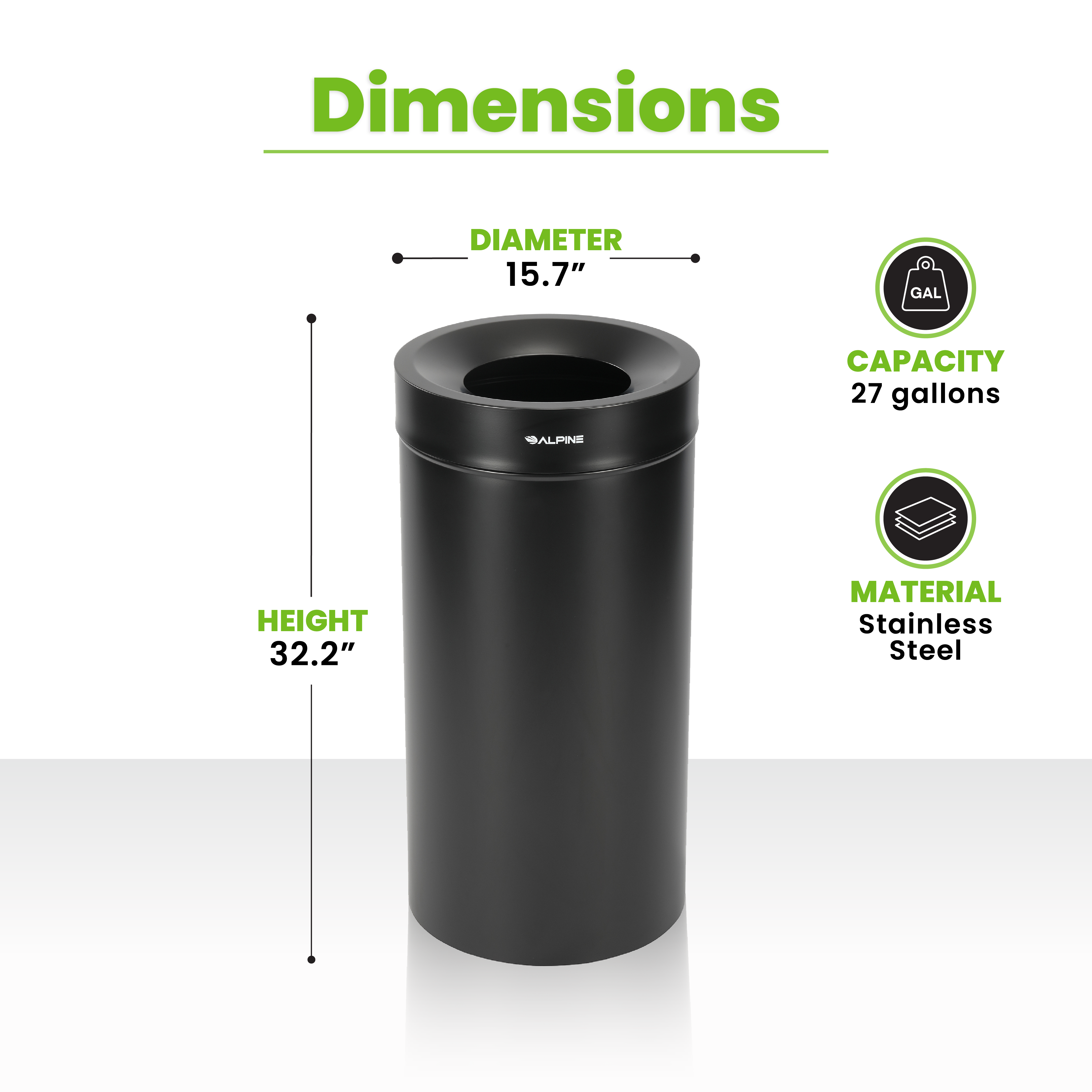 27 Gallon Stainless Steel Trash Can (Black)