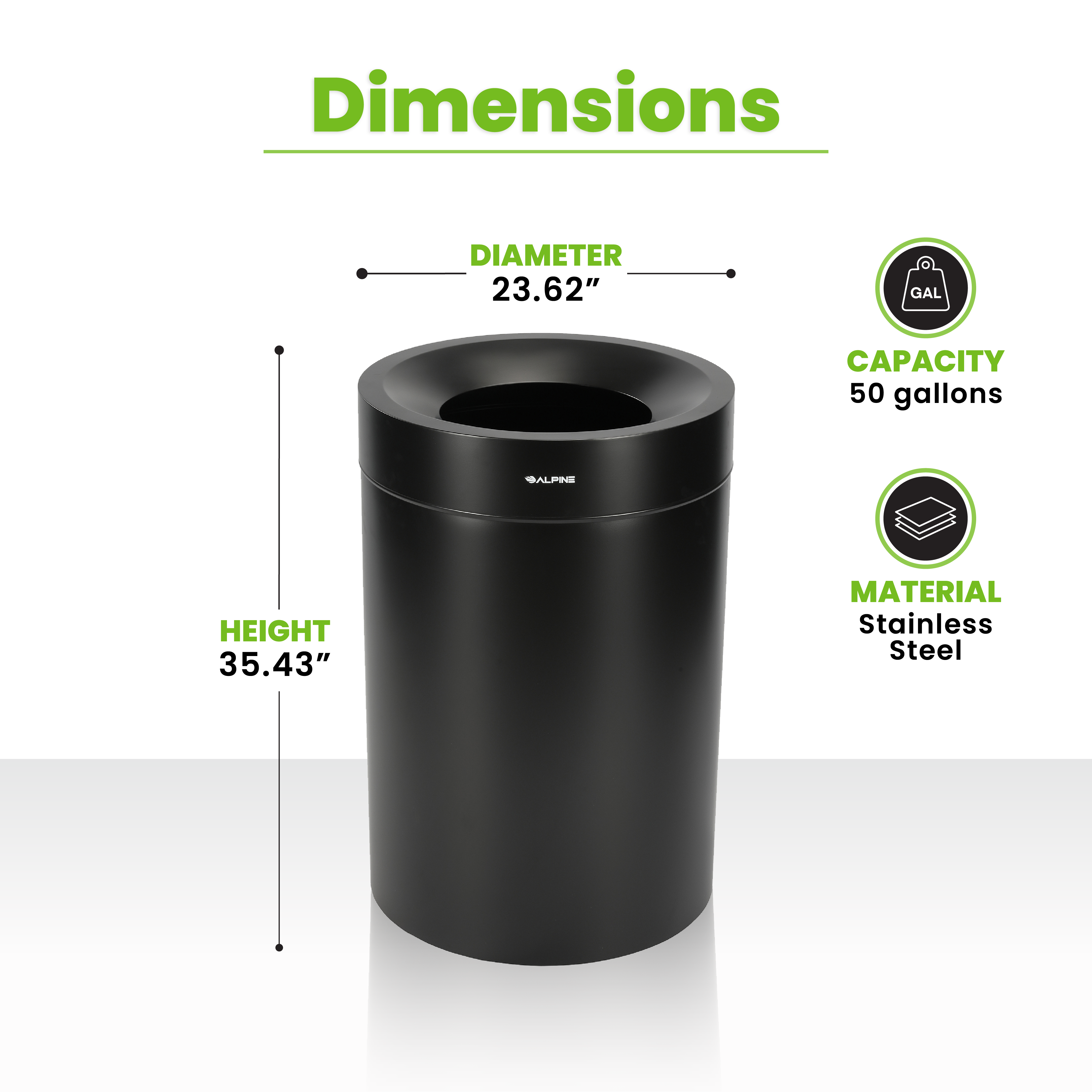 50 Gallon Stainless Steel Trash Can with Liner in Matte Black