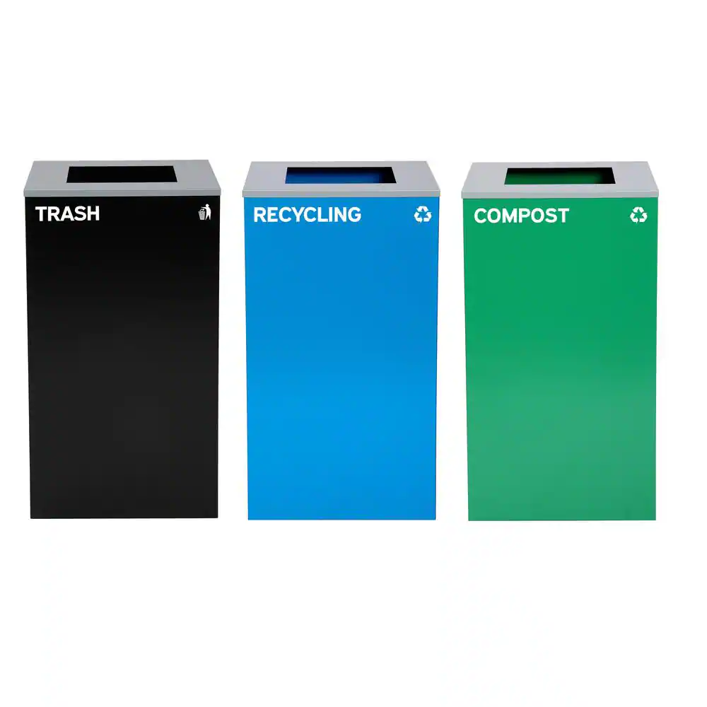 Alpine Industries 87 Gal. 3-Stream Black Steel Square Open Top Trash Can Compost and Blue Recycling Station