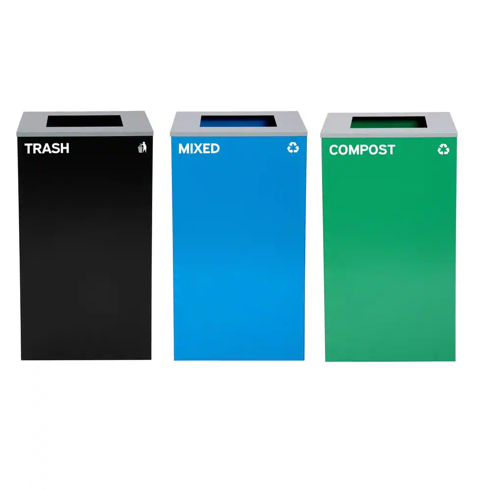Alpine Industries 87 Gal. 3-Stream Steel Square Open Top Trash Can and Green Recycling Station and Compost Receptacle