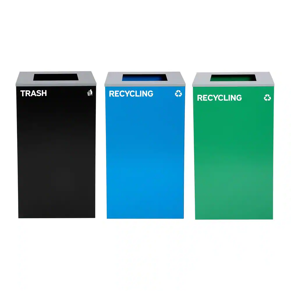 Alpine Industries 87 Gal. 3-Stream Steel Blue Green Recycling Bin and Black Trash Can Waste Station with Square Slot Lids