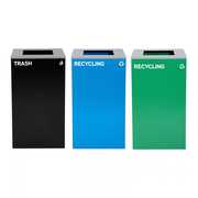 Alpine Industries 87 Gal. 3-Stream Steel Blue Green Recycling Bin and Black Trash Can Waste Station with Square Slot Lids