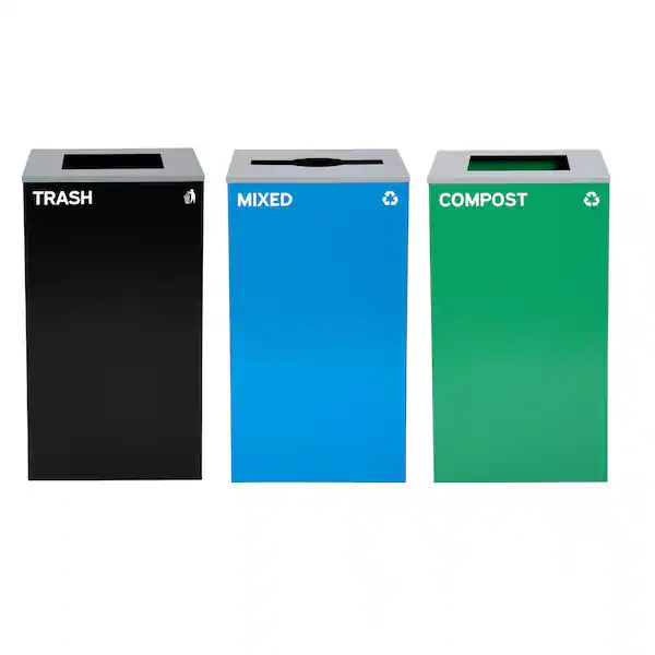Alpine Industries 87 Gal. 3-Stream Steel Mixed and Open Square Lid Commercial Trash Can and Blue Recycling Station