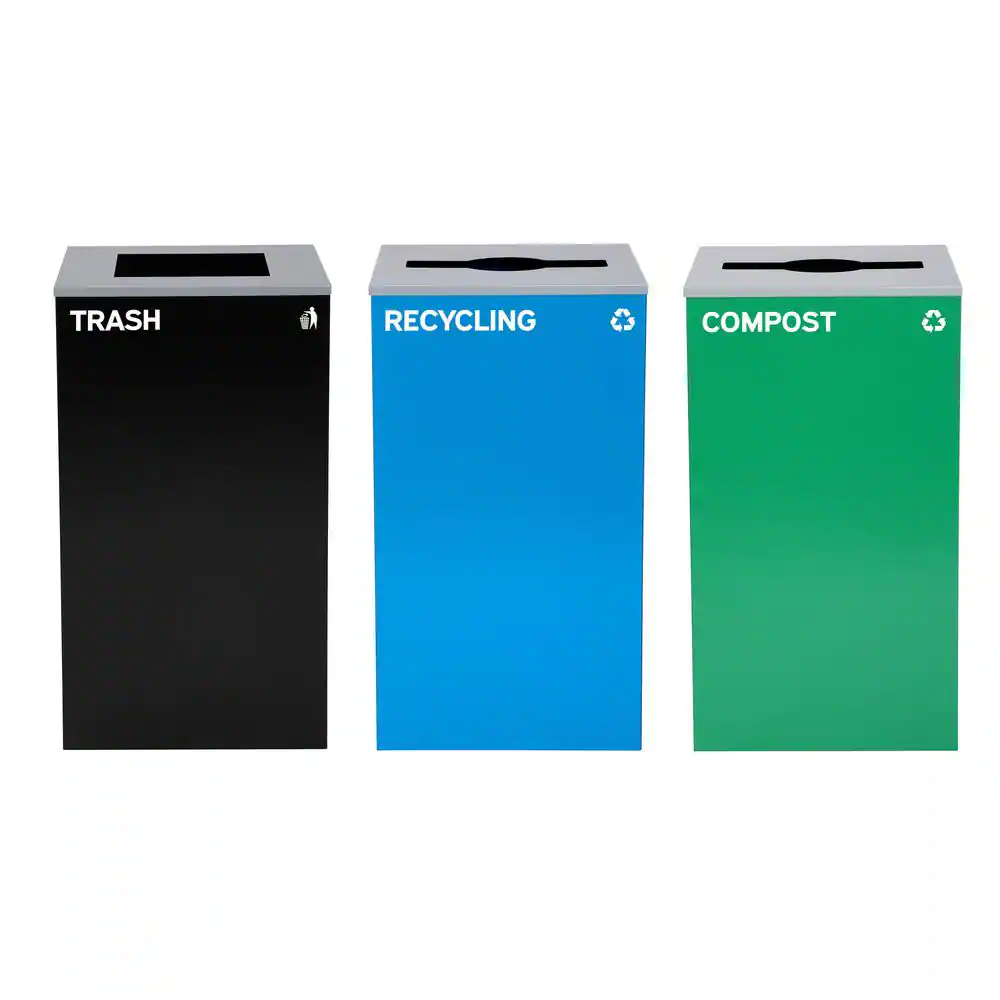 Alpine Industries 87 Gal. 3-Stream Steel Blue Recycling, Green Compost, and Black Commercial Trash Can Station