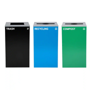 Alpine Industries 87 Gal. 3-Stream Steel Blue Recycling, Green Compost, and Black Commercial Trash Can Station
