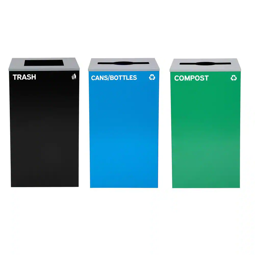 Alpine Industries 87 Gal. 3-Stream Steel Blue Cans & Bottles, Green Compost, and Black Commercial Trash Can Station