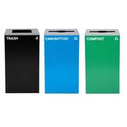Alpine Industries 87 Gal. 3-Stream Steel Blue Cans & Bottles, Green Compost, and Black Commercial Trash Can Station