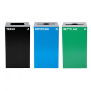 Alpine Industries 87 Gal. 3-Stream Steel Blue Recycling, Green Recycling, and Black Commercial Trash Can Station