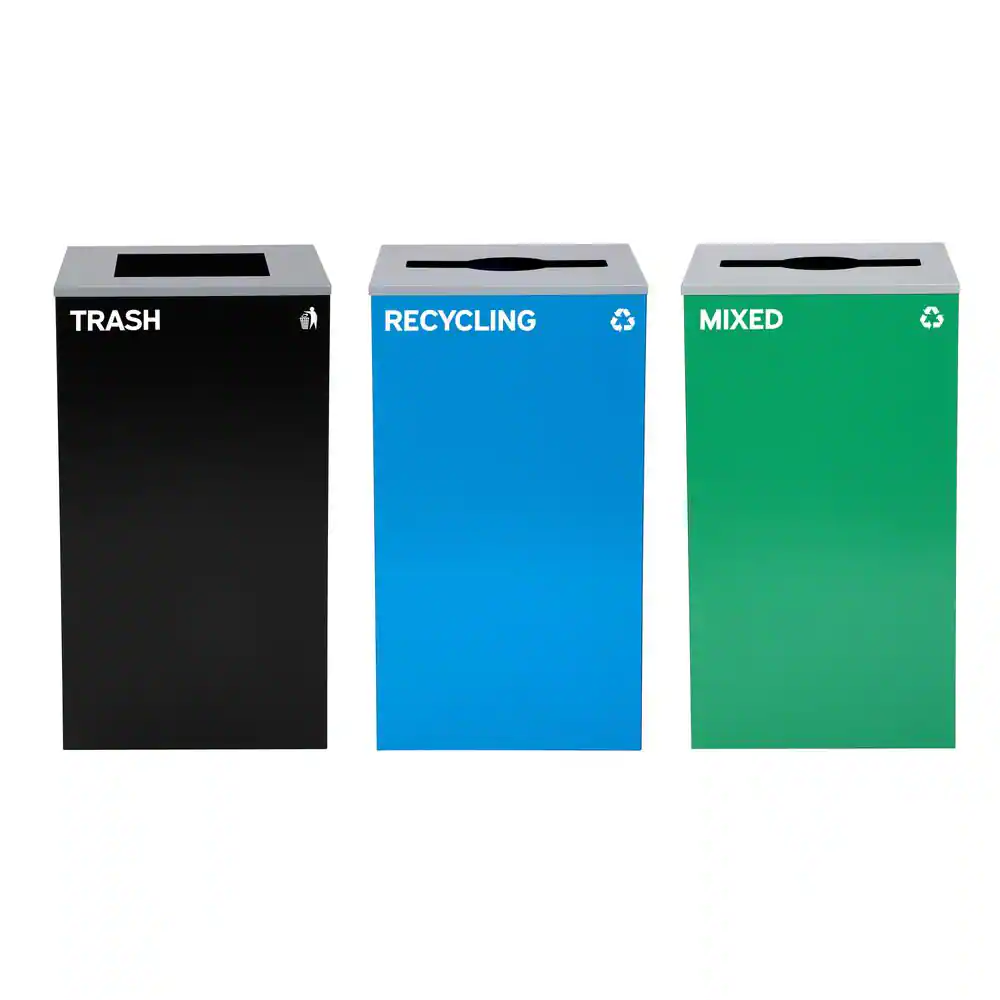 Alpine Industries 87 Gal. 3-Stream Steel Blue Recycling, Green Mixed, and Black Commercial Trash Can Station