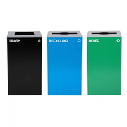 Alpine Industries 87 Gal. 3-Stream Steel Blue Recycling, Green Mixed, and Black Commercial Trash Can Station