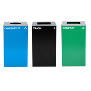 Alpine Industries 87 Gal. 3-Stream Steel Blue Cans & Bottles, Green Compost, and Black Commercial Trash Can Station