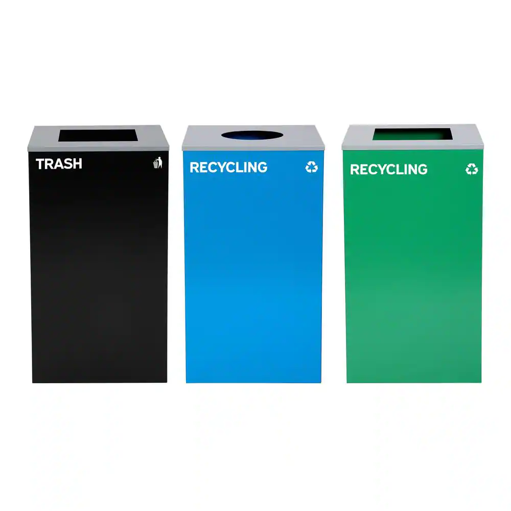Alpine Industries 87 Gal. 3-Stream Steel Blue Recycling, Green Recycling, and Black Commercial Trash Can Station