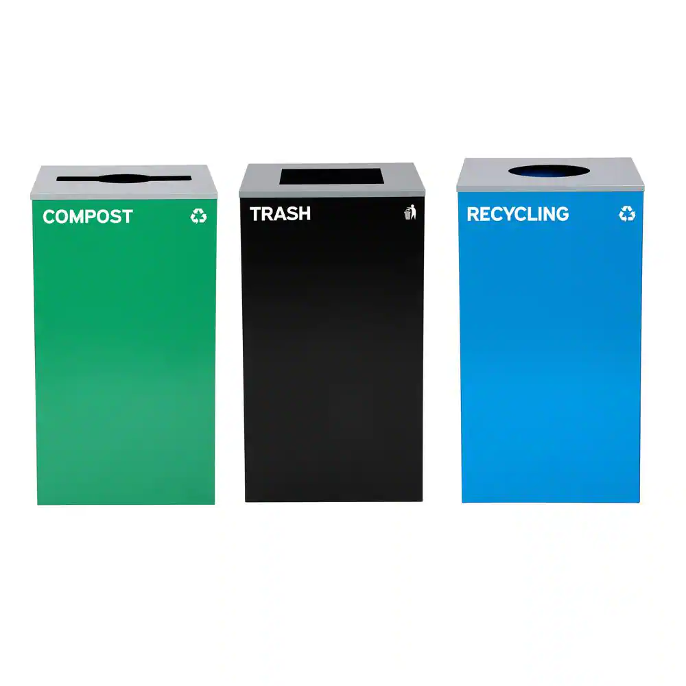 Alpine Industries 87 Gal. 3-Stream Steel Blue Recycling, Green Compost, and Black Commercial Trash Can Station