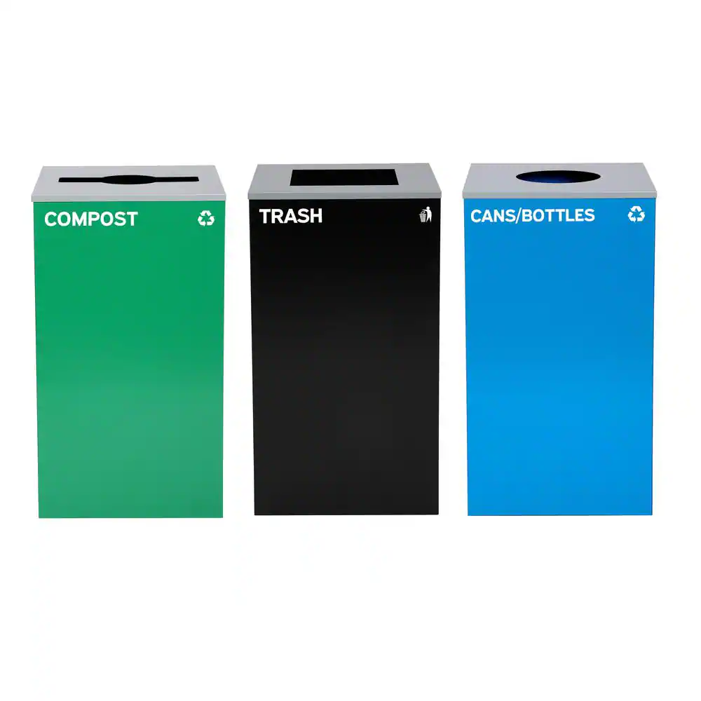 Alpine Industries 87 Gal. 3-Stream Steel Blue Cans & Bottles, Green Compost, and Black Commercial Trash Can Station