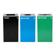 Alpine Industries 87 Gal. 3-Stream Steel Blue Recycling, Green Recycling, and Black Commercial Trash Can Station