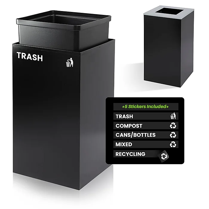Square Recycling Bin – 29 Gallons - Black Can, Square Opening Lid, for Trash