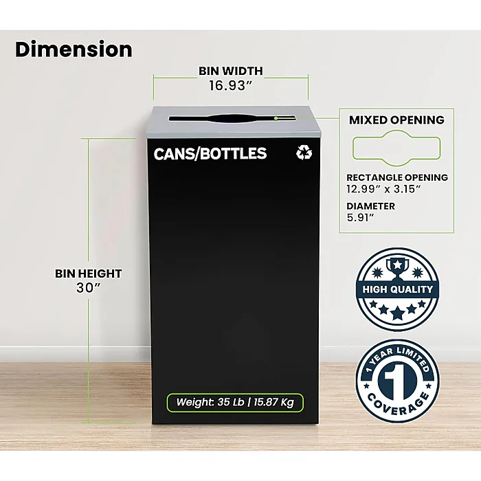 Square Recycling Bin – 29 Gallons - Black Can, Square Opening Lid, for Trash