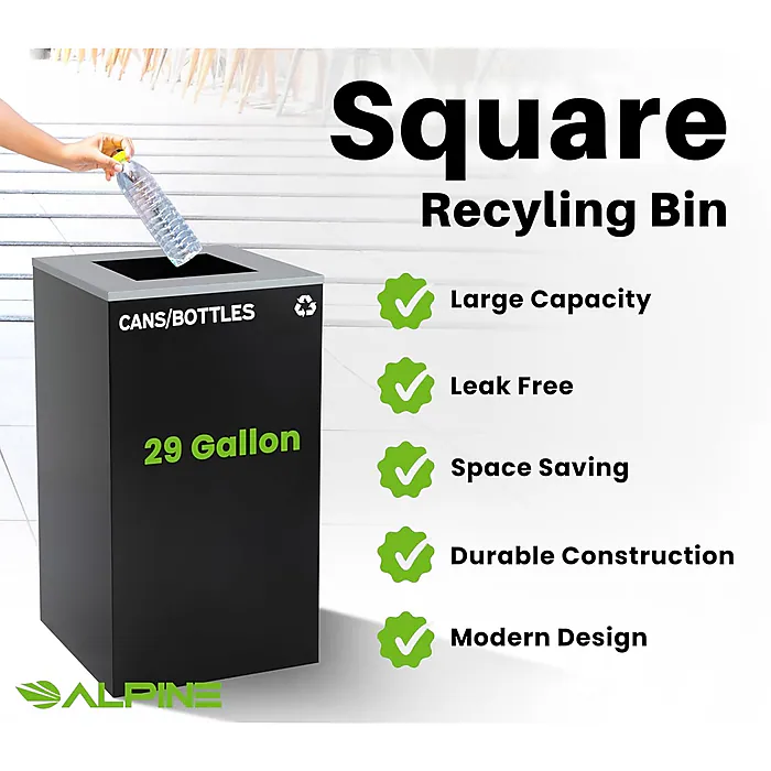 Square Recycling Bin – 29 Gallons - Black Can, Square Opening Lid, for Trash