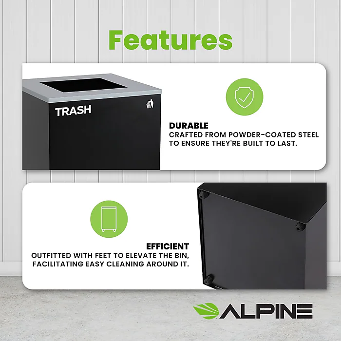 Square Recycling Bin – 29 Gallons - Black Can, Square Opening Lid, for Trash